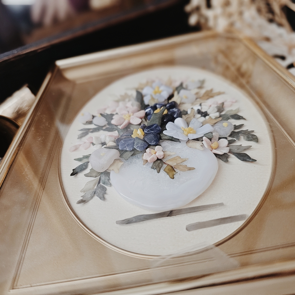Vintage Shadow Box Rock Floral Wall Art with Blue, Pink, Navy, Green, Ivory - Picture 4 of 5